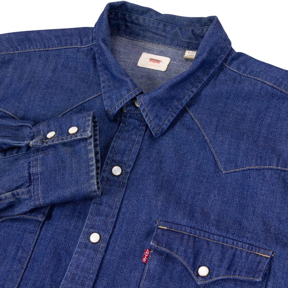 Levis Western Denim Shirt Pearl Snap Mens XL Blue Cotton Long Sleeve Workwear